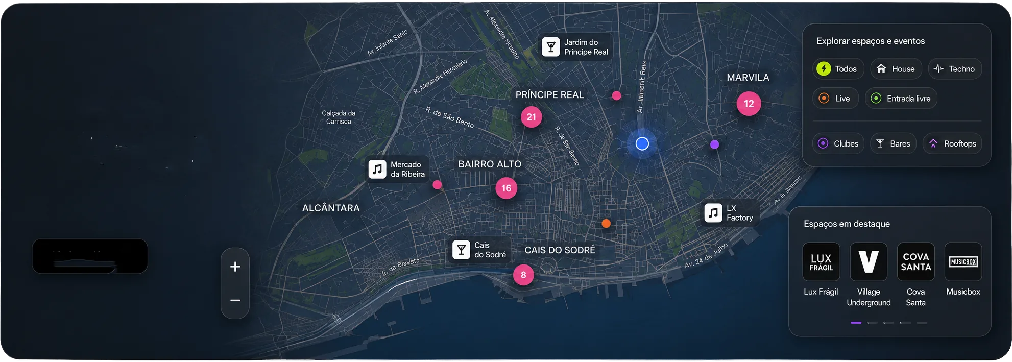Mapa de Lisboa com os espaços e eventos da noite assinalados em tempo real