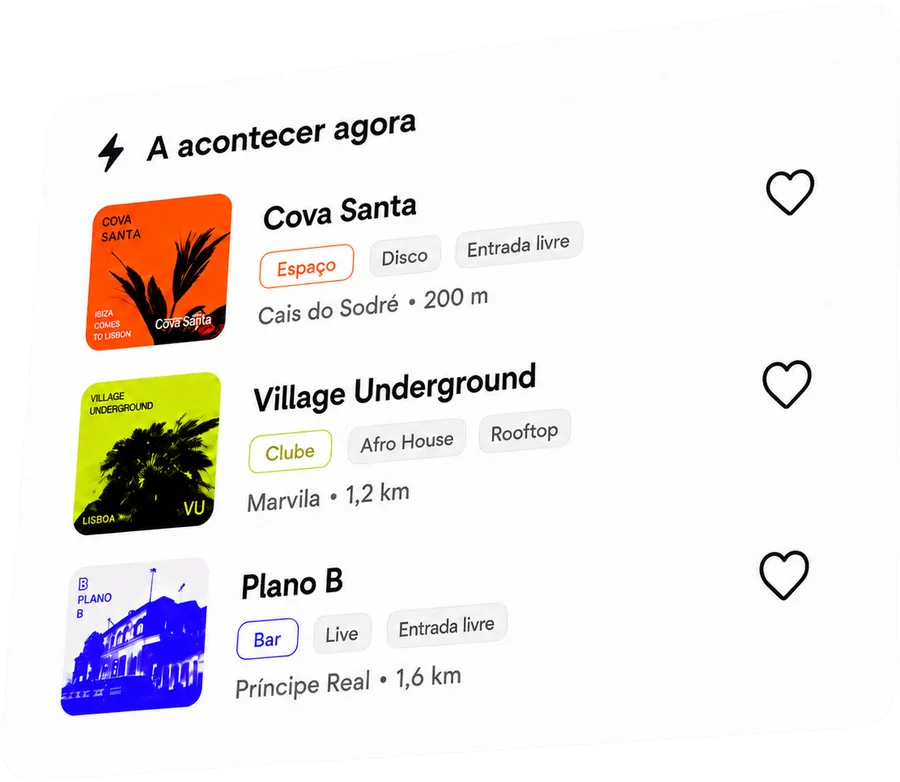 Cartão "A acontecer agora" com três eventos: Cova Santa, Village Underground e Plano B