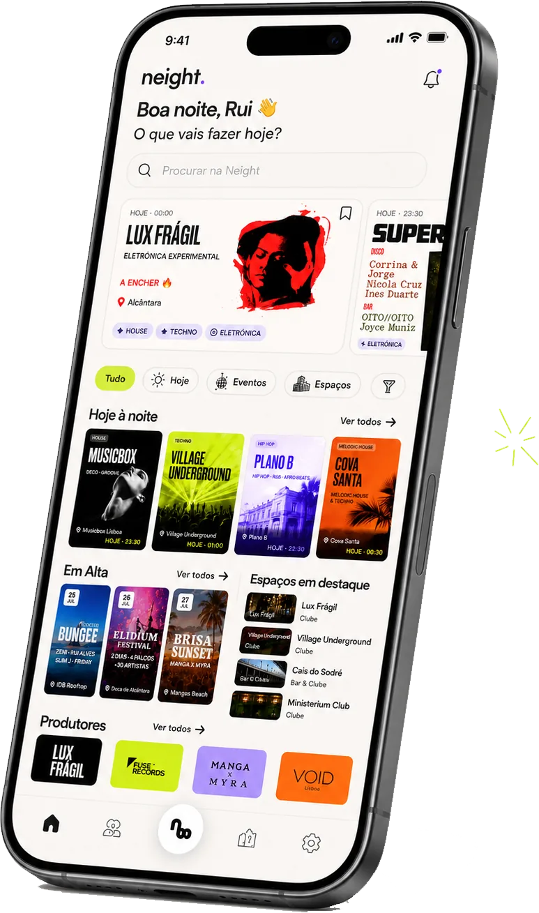 Ecrã inicial da app Neight: "Boa noite, Rui", filtros, eventos de hoje à noite, em alta, espaços e produtores em destaque