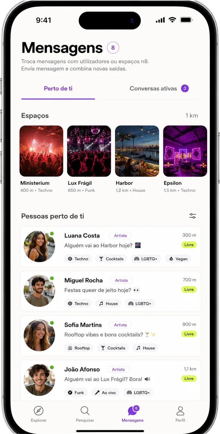 Ecrã de mensagens da app: espaços perto de ti e pessoas perto de ti com botões de toque e mensagem